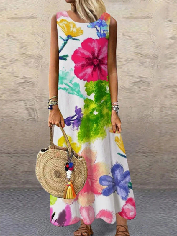 Printed Round Neck Long Skirt Home Dress