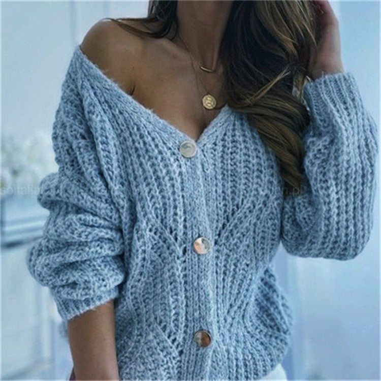Pure Color And Sweet Openwork Knitted Cardigan