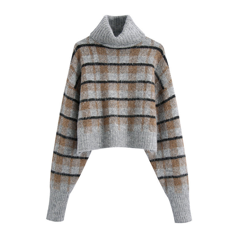 Women's Wool Blend Check Pullover Turtleneck Knit Sweater