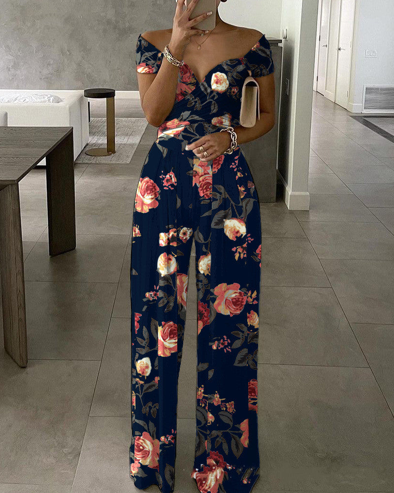 Women's One-shoulder Printed Jumpsuit Trousers