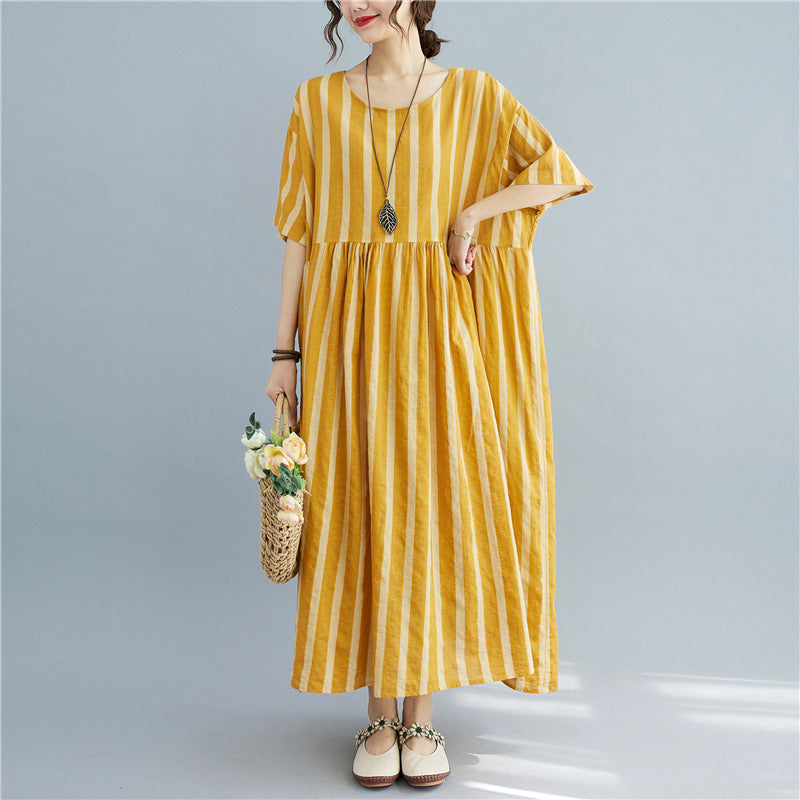 Yellow Striped Round Neck Short Sleeve Long Fashion Dress