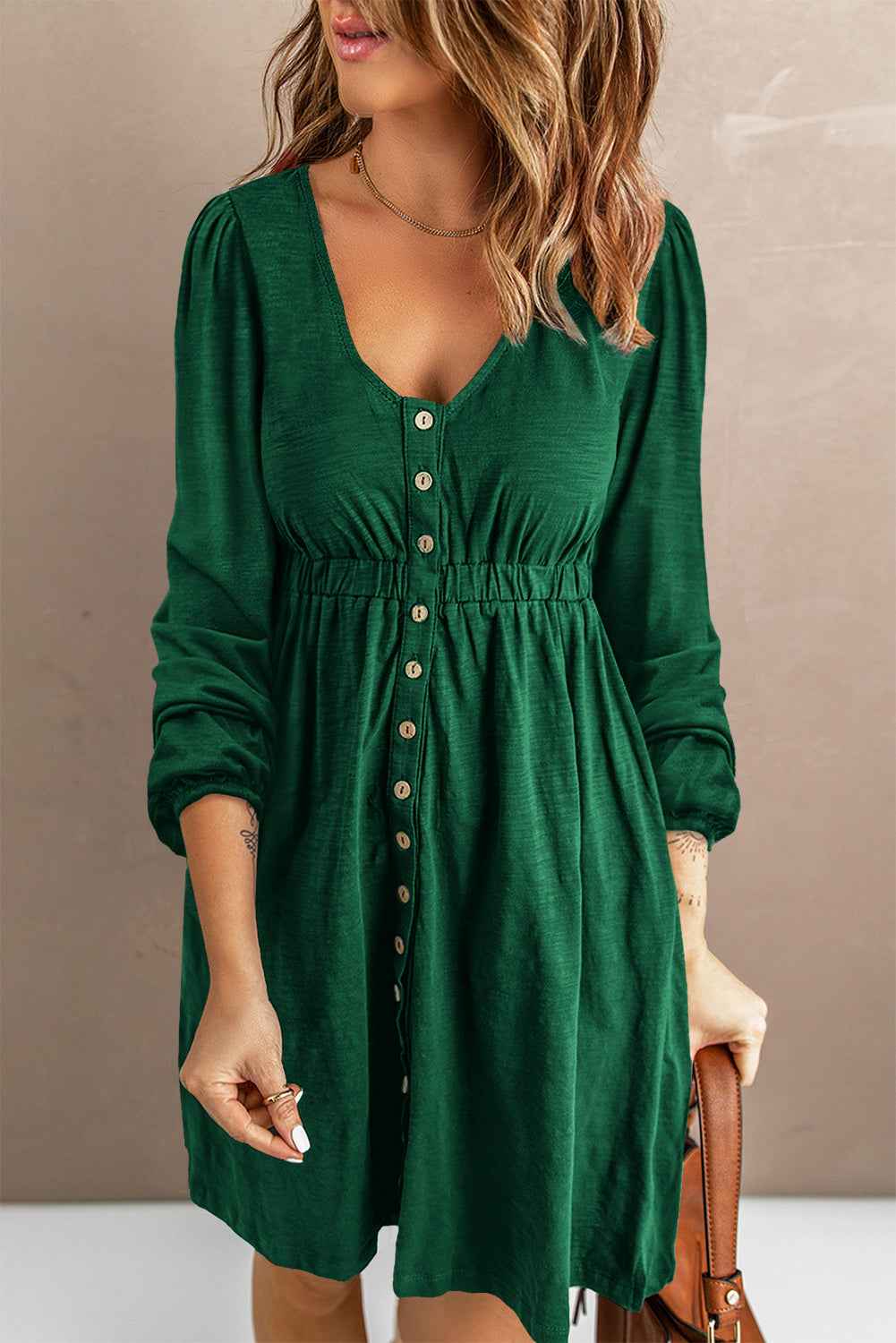Button Down Long Sleeve Dress with Pockets Trendsi
