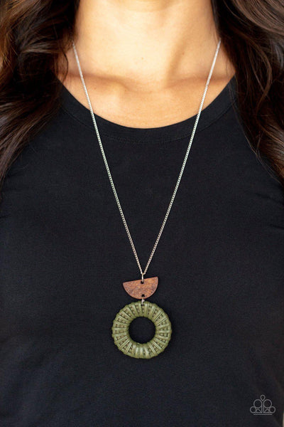 Wood and Green Pendant Necklace