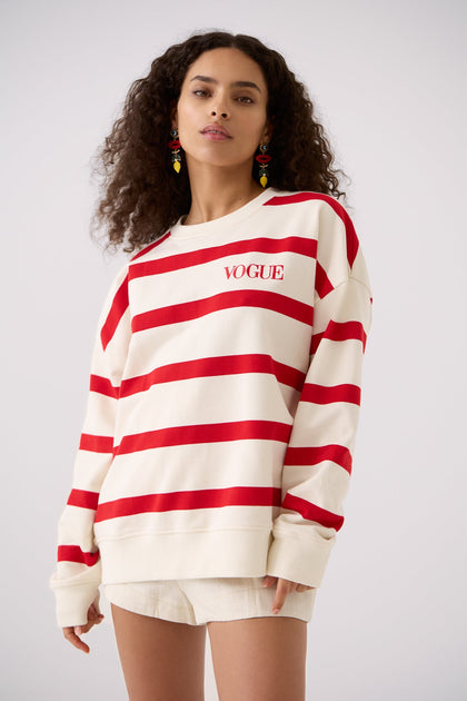 Federal en progreso antiguo Sudadera VOGUE crema con rayas rojas y logo bordado – Vogue Collection Spain