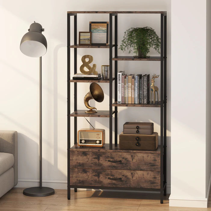 Bookshelf, Freestanding Etagere Bookcase with 2 Drawers