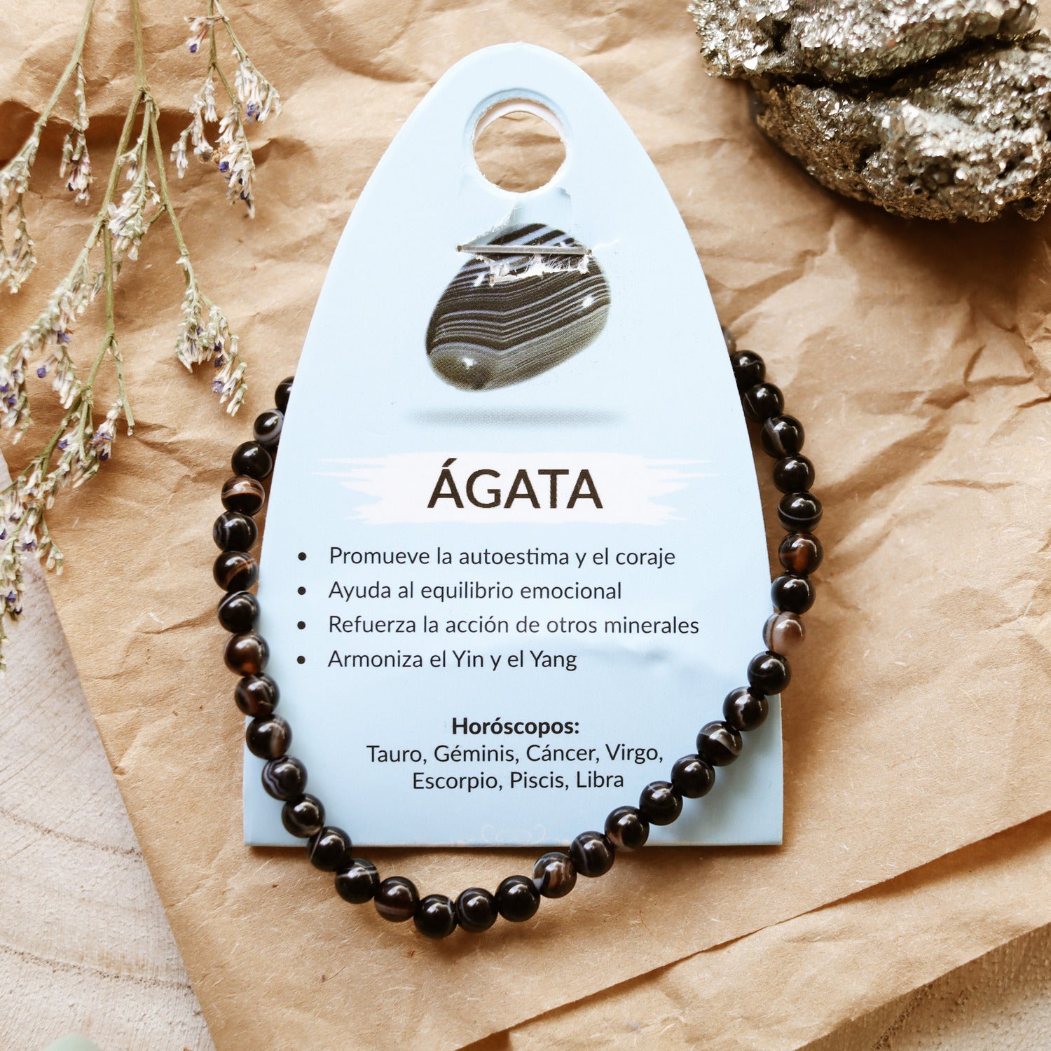 Pulsera de piedra natural de Ágata negra de 4mm