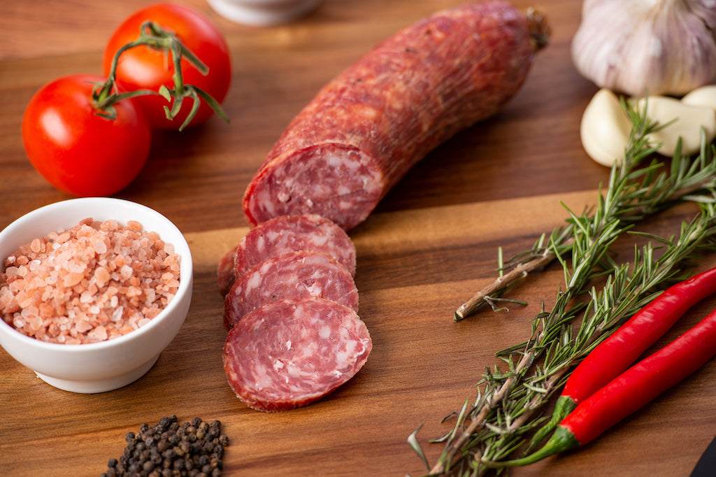 One of the original recipes from the Venice region this free range pork salami has delicate flavours that makes it a hit with the kids, or those new to Artisan salami. Pink
