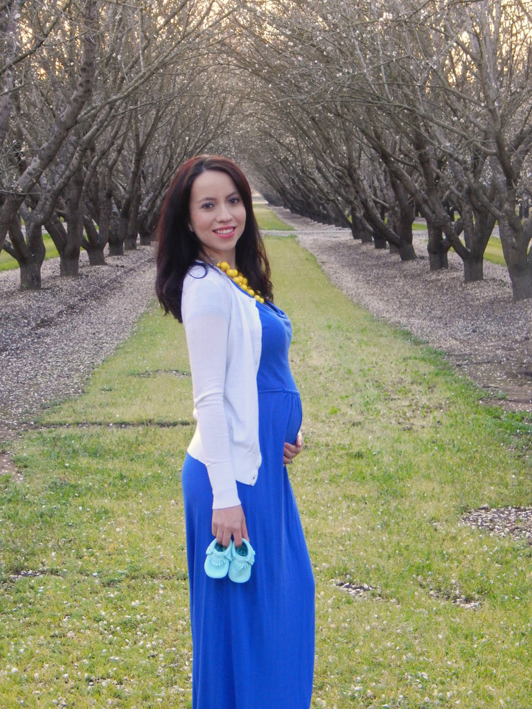 [MTHRSHIP: Pregnancy Q&A With Andrea Snow] - [Andrea Snow wearing a Blue Maternity Dress]