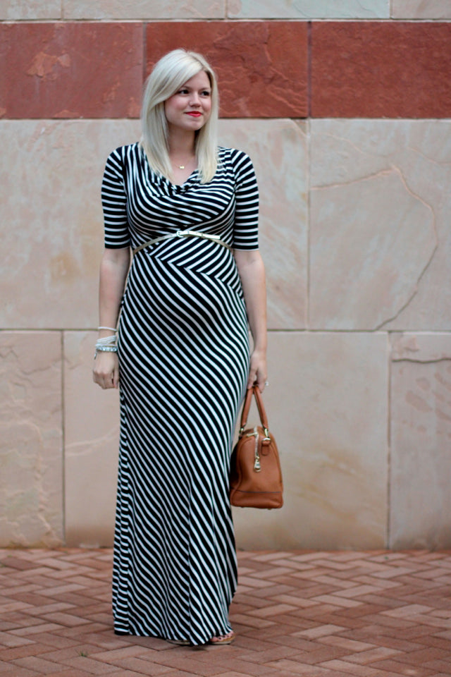 [Bump Style Approved: Pregnancy Q&A with Elle K.] - [Elle K wearing Black Stripe Maternity Dress]