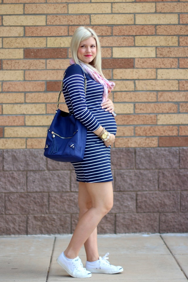 [Bump Style Approved: Pregnancy Q&A with Elle K.] - [Elle K wearing Blue Maternity Stripe Dress]
