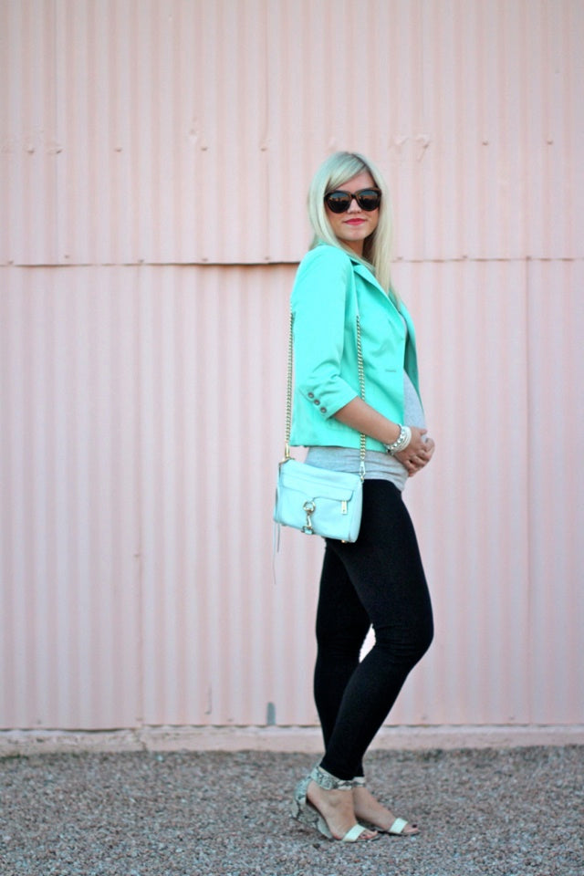 [Bump Style Approved: Pregnancy Q&A with Elle K.] - [Elle K wearing Maternity Pants and Teal Cardigan]