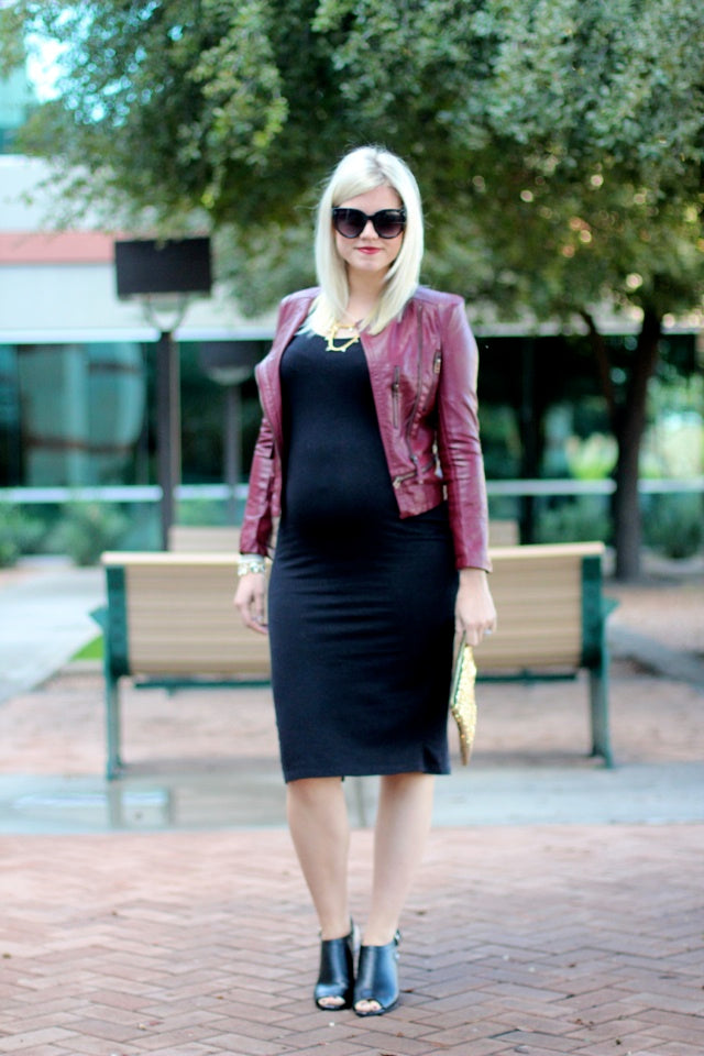 [Bump Style Approved: Pregnancy Q&A with Elle K.] - [Elle K wearing Black Maternity Dress and Maroon leather Cardigan]