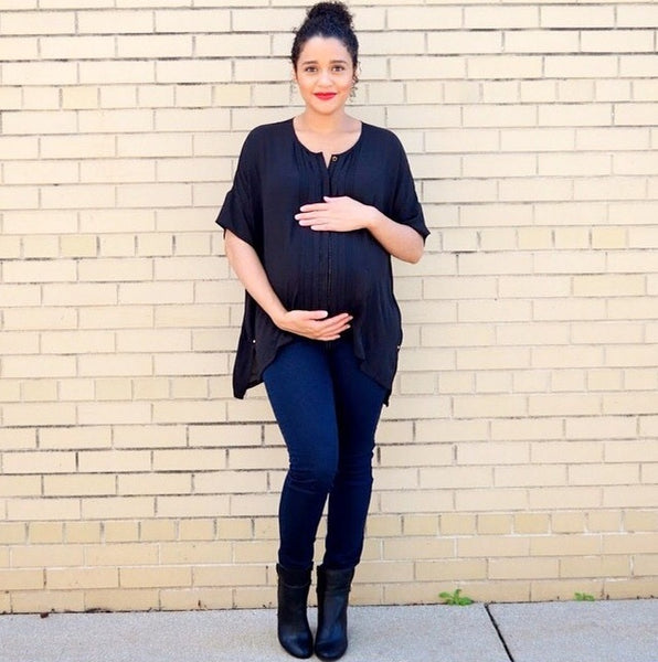 [Bump Style Approved: Pregnancy Q&A with Keila Leist] - [Keila Leist in Black Shirt and Maternity Jeans ]