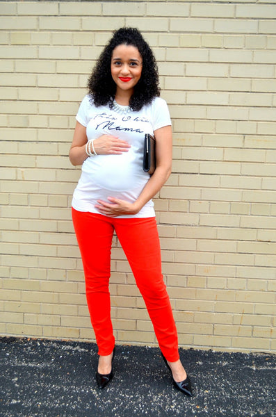 [Bump Style Approved: Pregnancy Q&A with Keila Leist] - [Keila Leist in White Shirt and Red Maternity Pants]