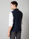 Cantabil Men Navy Blue Self Design Casual Band Collar Sleeveless Waist Coat