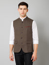 Cantabil Men Brown Self Design Casual Band Collar Sleeveless Waist Coat