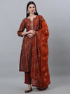 Cantabil Women Printed 3/4th Sleeve Rust Kurti Palazzo Set With Dupatta