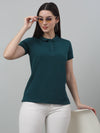 Cantabil Women's Teal Blue Solid Polo Neck Casual T-shirt For Summer