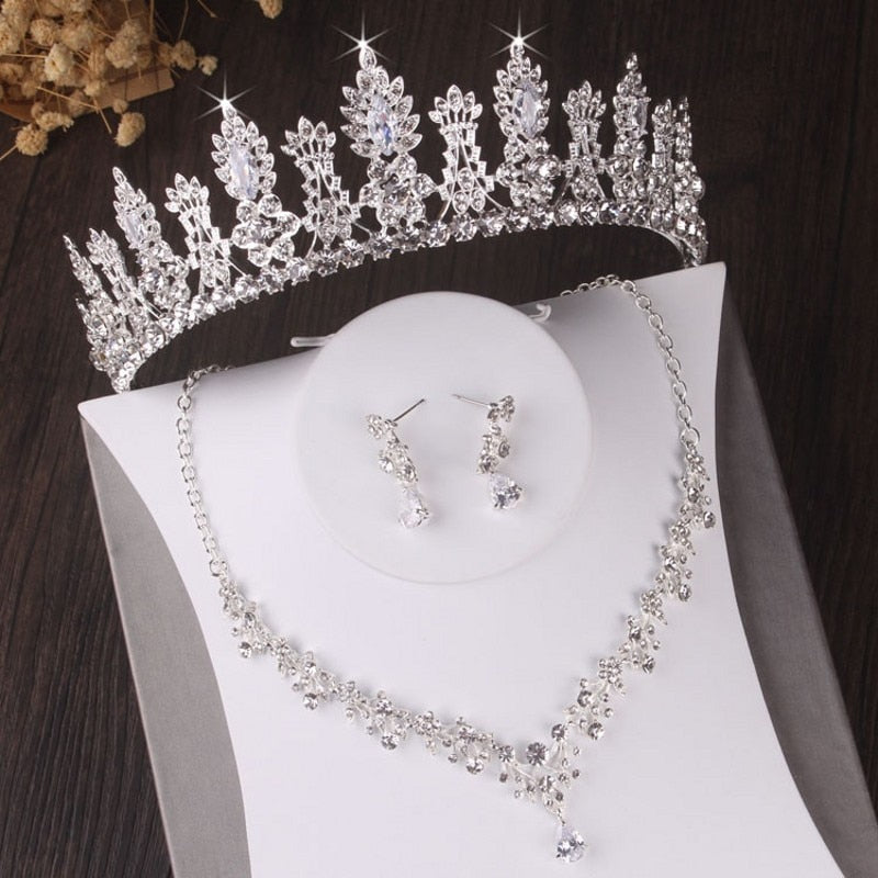 Girl Wedding Bridal Crystal Rhinestone Necklace Earrings Crown Tiara Jewelry Set 