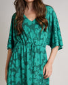 Green Floral Print Kaftan | Luna V Neck Elasticated Waist Soft Jersey Dress