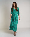 Green Floral Print Kaftan | Luna V Neck Elasticated Waist Soft Jersey Dress