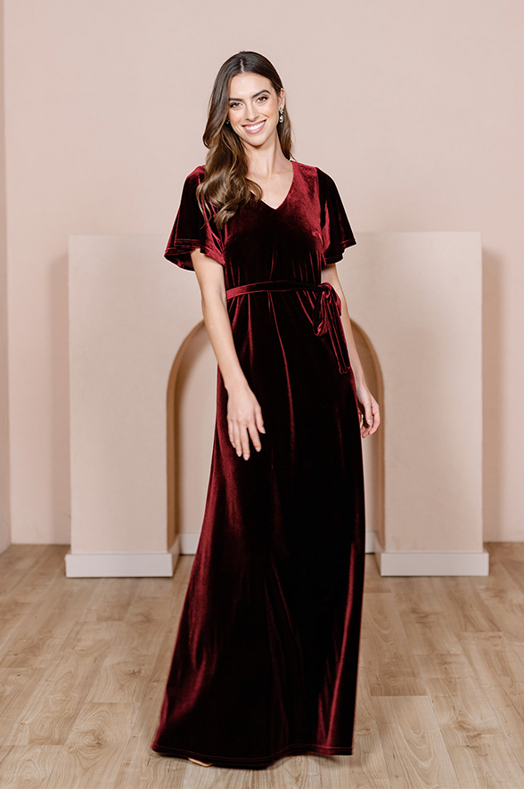B233071 Gorgeous A-line Stretch Velvet Dress with Flutter Sleeves and Sexy  Diamond Shaped Back Opening
