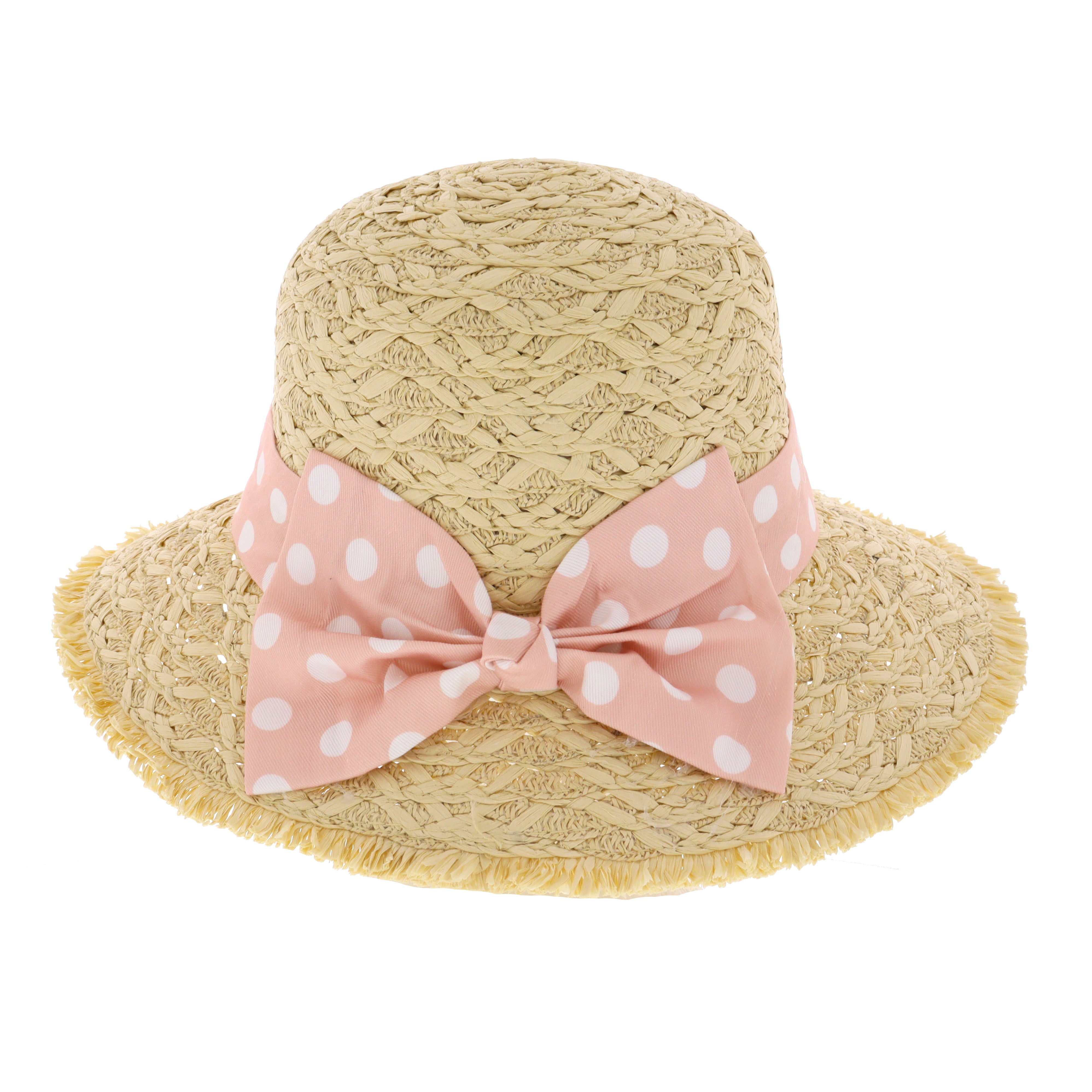 Ladies Summer Straw Sun Hat with Pink Polka Dot Bow Ribbon The Hat