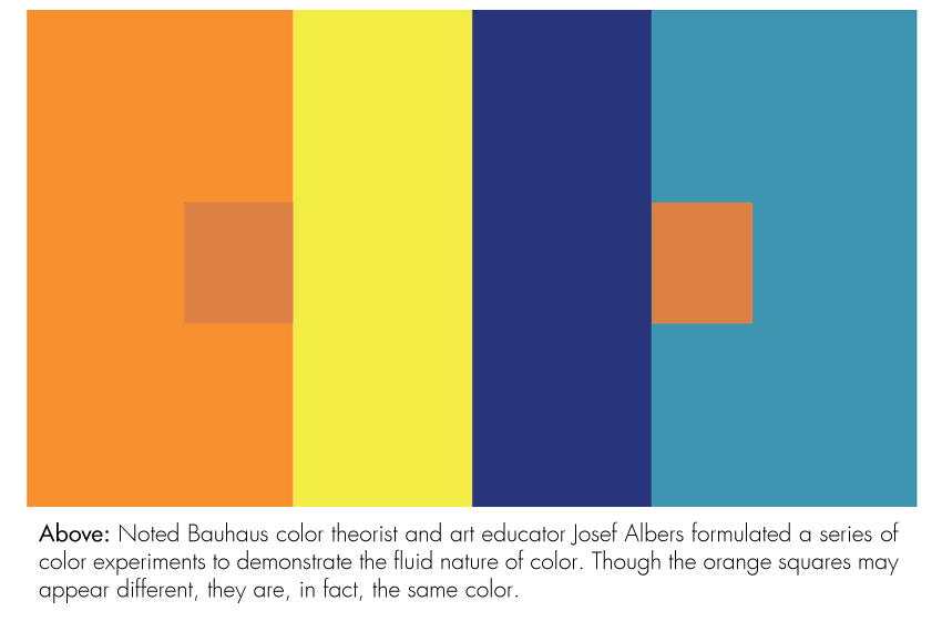 Above: Noted Bauhaus color theorist and art educator Josef Albers formulated a series of color experiments to demonstrate the fluid nature of color. Though the orange squares may appear different, they are, in fact, the same color.