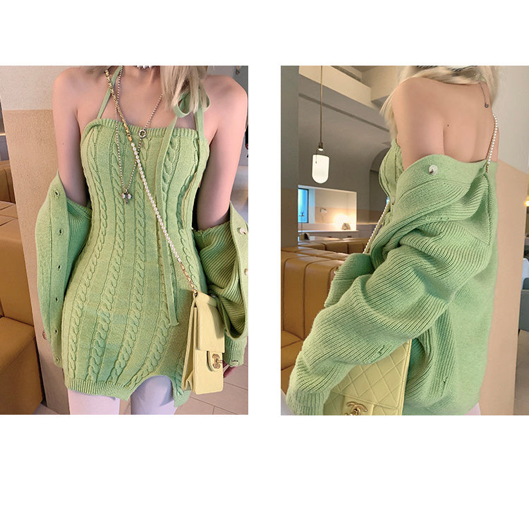 Autumn Winter Korean Fashion Casual Knitted Two Piece Set Women Sweater Cardigan Coat + Sexy Halter Sheath Bodycon Dress Suits