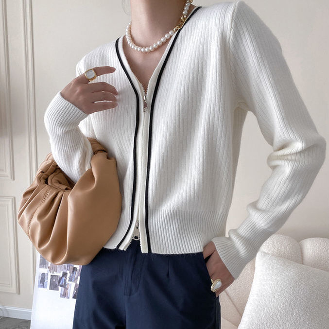 Stylish V-neck Zipper Up Women Sweater 2021 Autumn Knitwear Tops Casual Hit Color Full Sleeve Female Cardigans