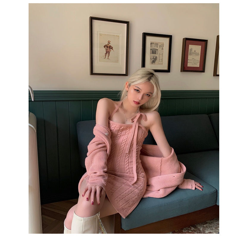 Autumn Winter Korean Fashion Casual Knitted Two Piece Set Women Sweater Cardigan Coat + Sexy Halter Sheath Bodycon Dress Suits