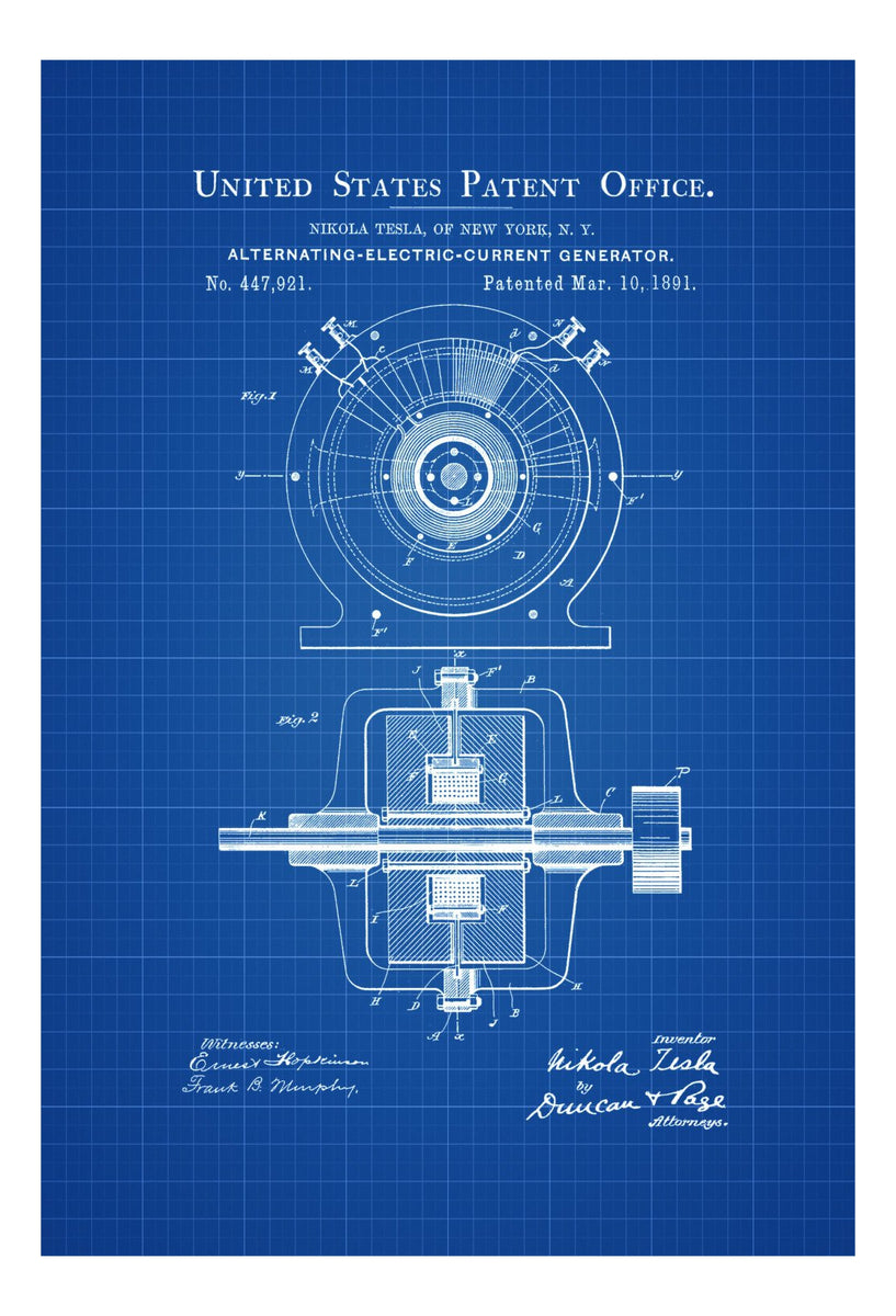 TESLA AC GENERATOR Mechanical Tesla 1891 Engineer Gift Alternating Current Patent Print Engineering Unframed Tesla Print
