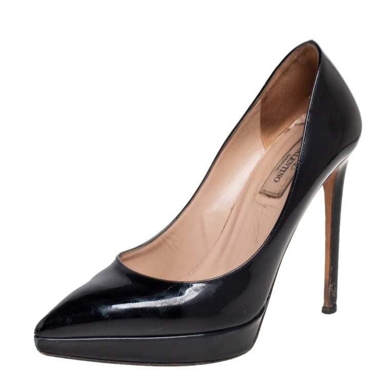 Valentino Black Patent Leather Pointy Toe Platform Pumps, Size 37.5/US Pawn