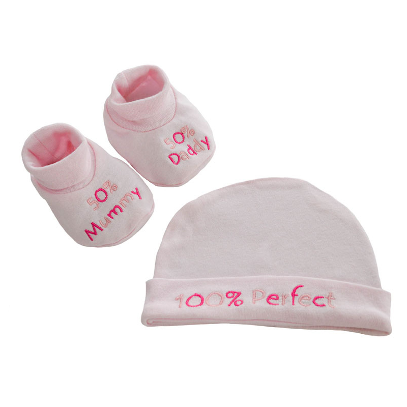 White Newborn 100% Cotton Gift set Hat and Bootee set 50% MUMMY and 50% DADDY 