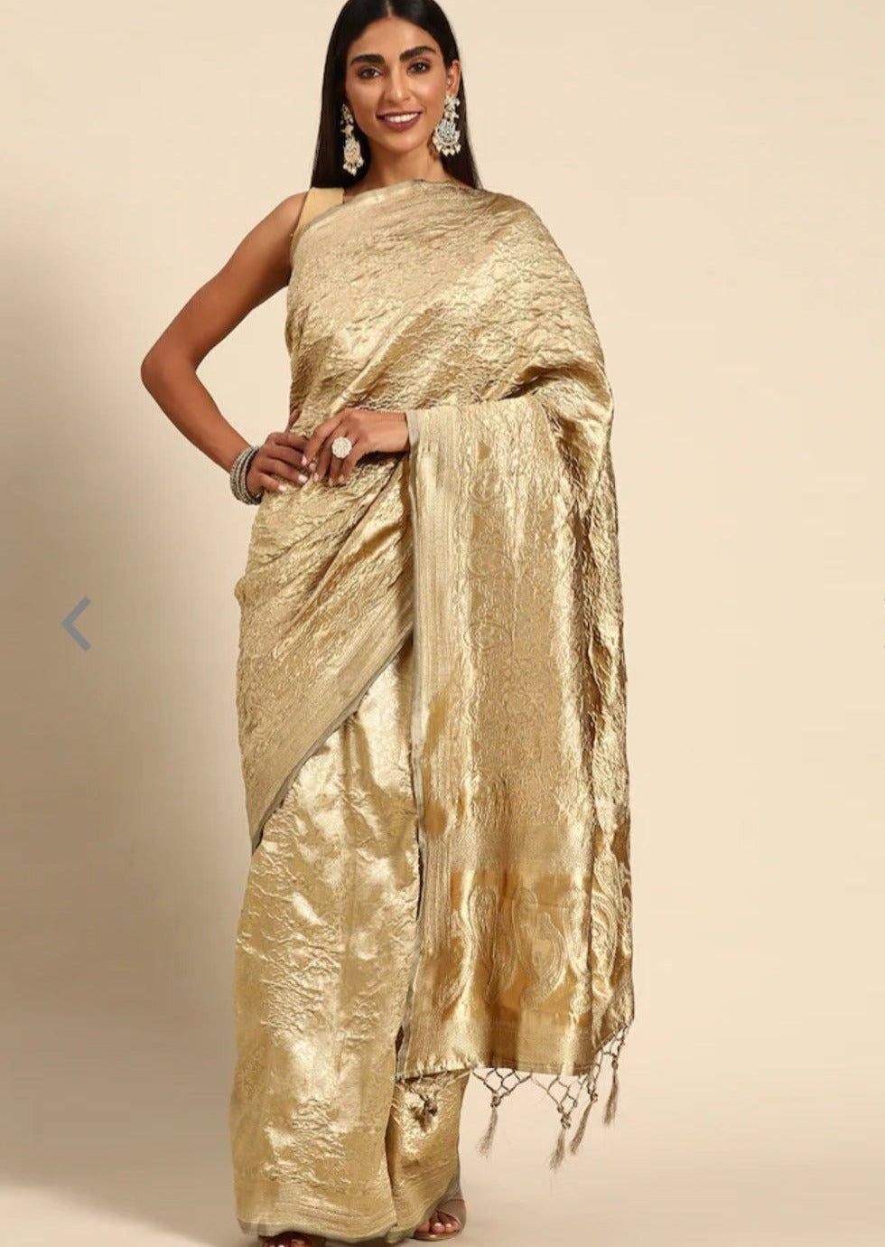 Crinkled Silk Golden Saree – Sunasa