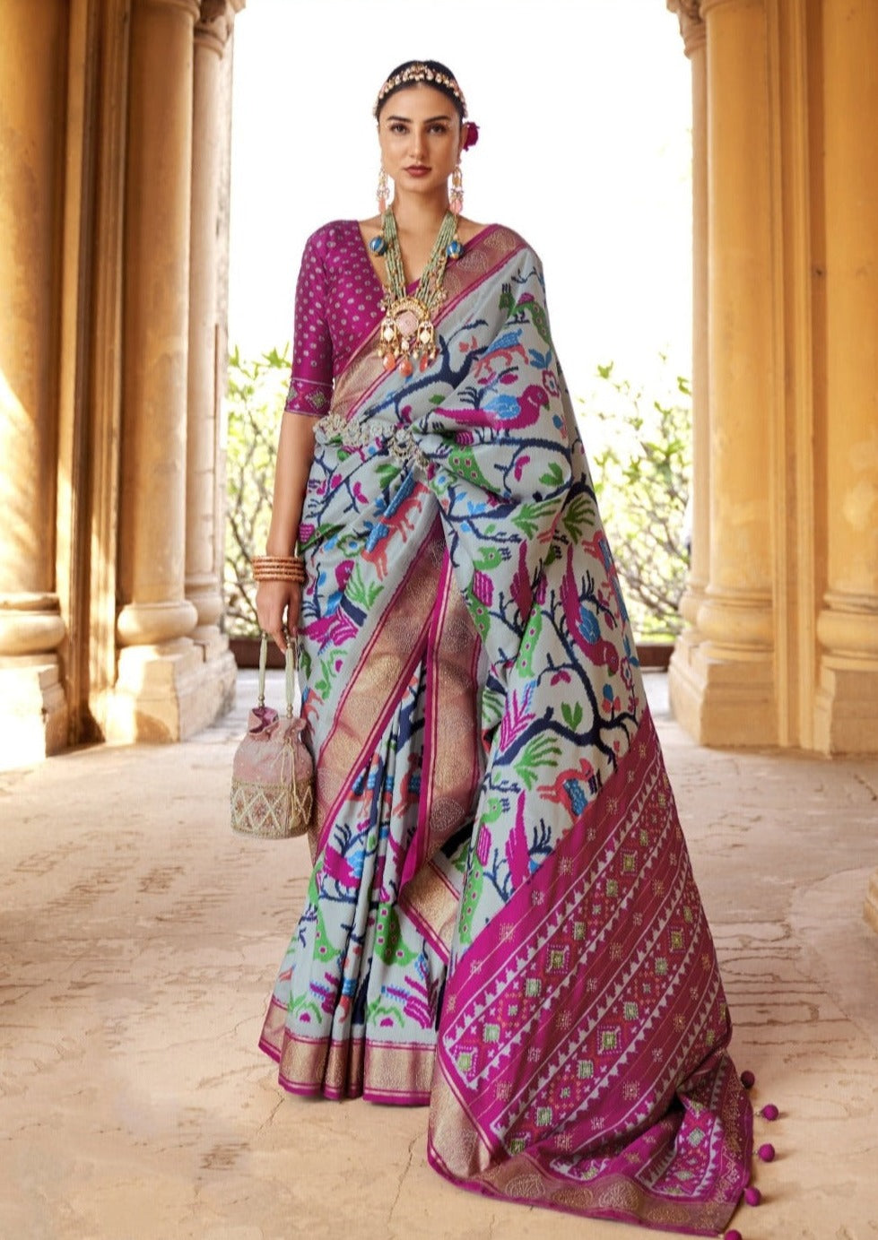 Bela Patan Patola Silk Grey and Pink Saree – Sunasa