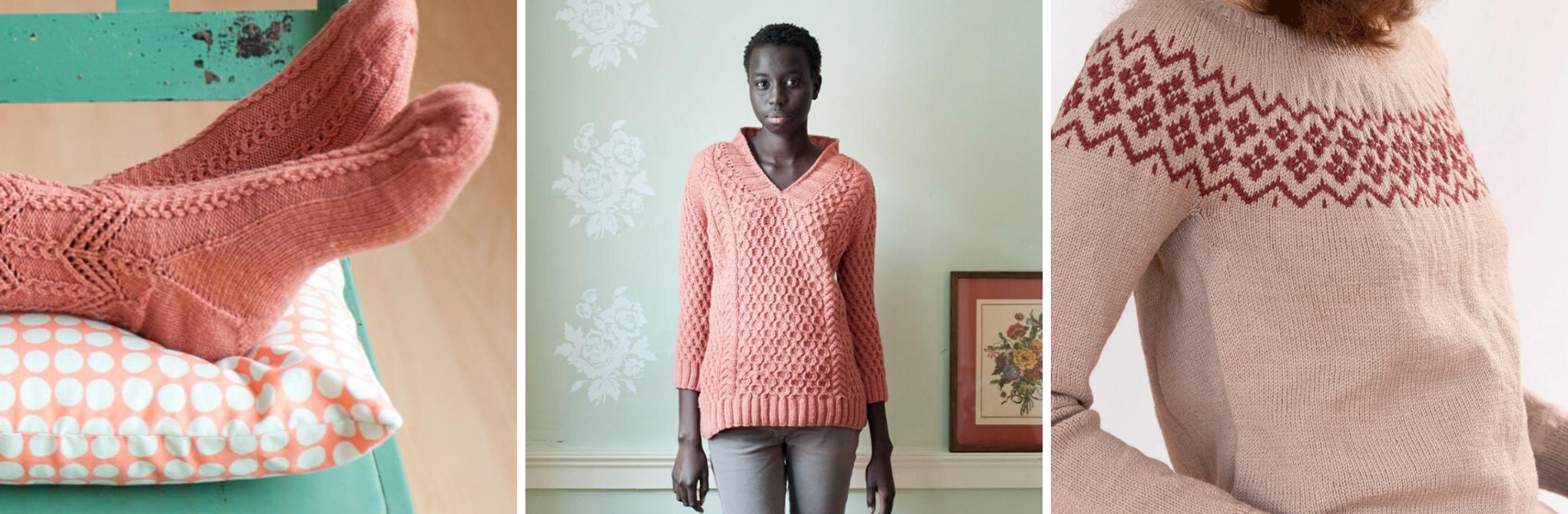 a triptych of pink socks, a pink sweater, and a beige and red color-work sweater