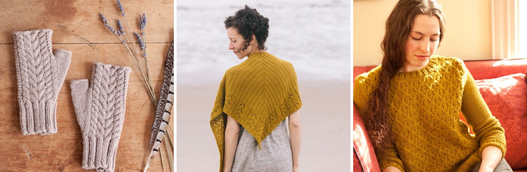 a triptych of beige fingerless mitts, a yellow shawl, and a yellow textured pullover