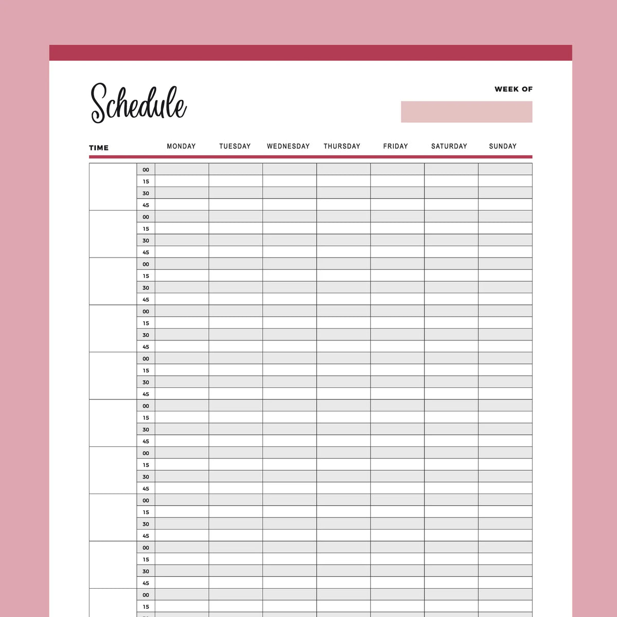 Printable 15 Minute Schedule Instant Download PDF A4 and US Letter