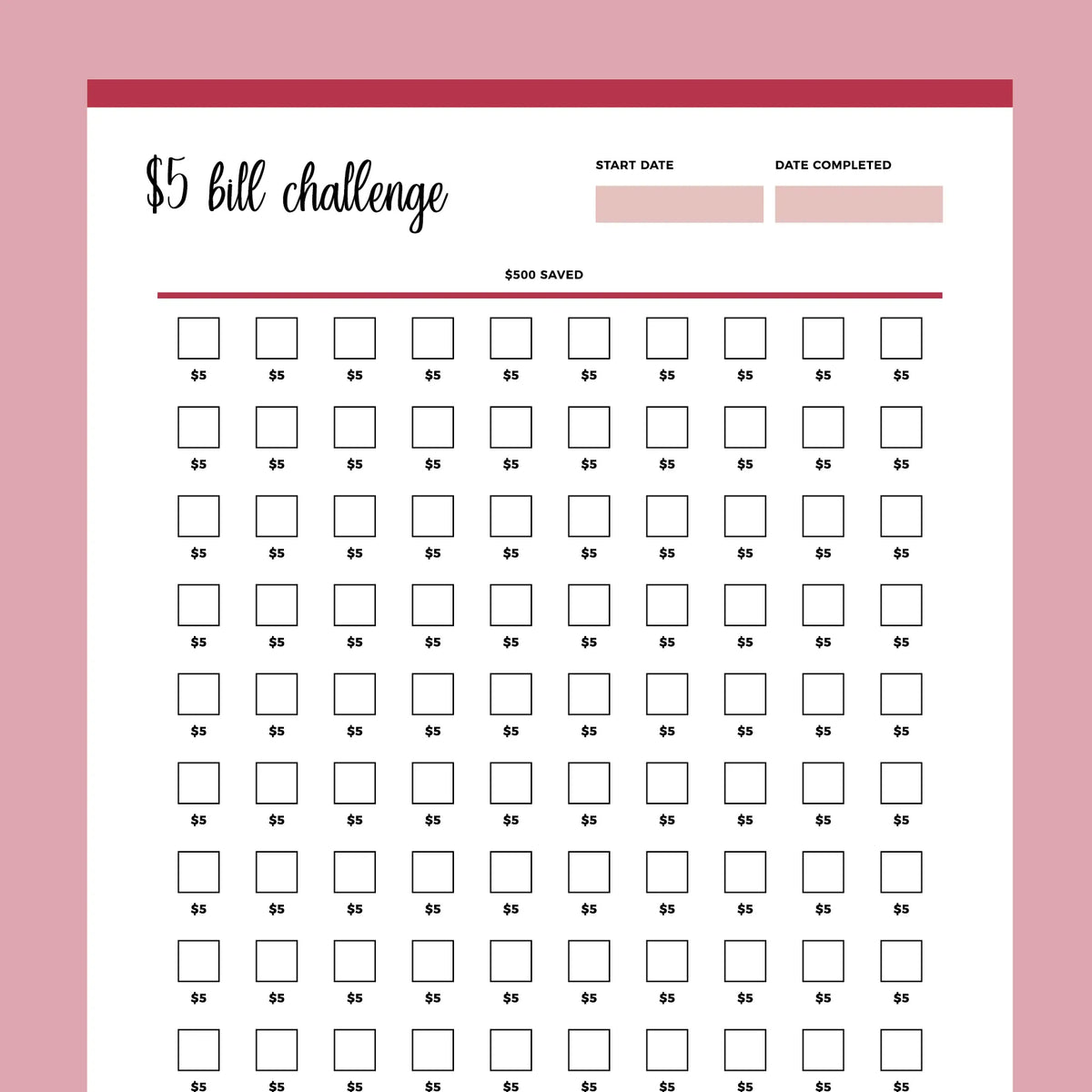 Printable 5 Dollar Bill Challenge Instant download PDF A4 & US