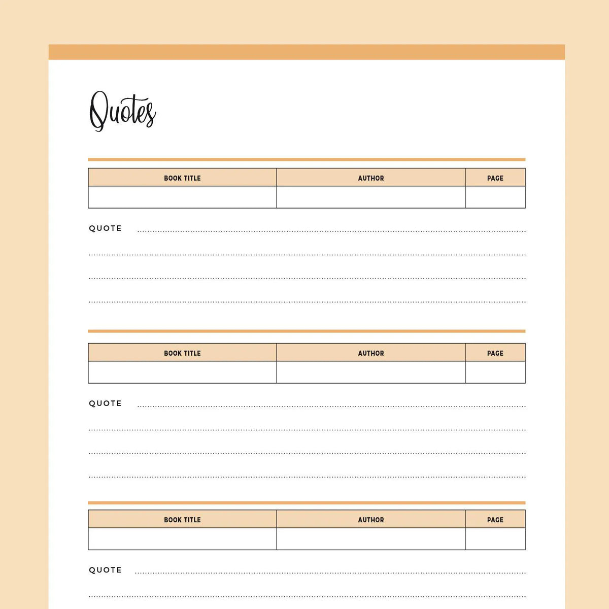 Printable Book Quotes Sheet Instant Download PDF A4 US Letter