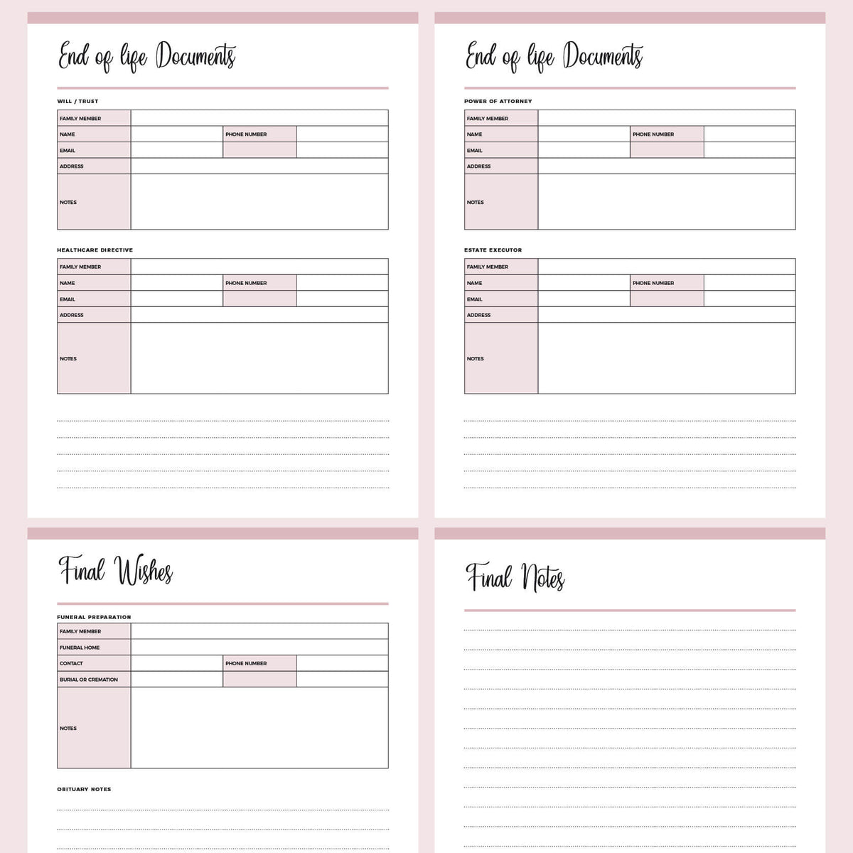 Template End Of Life Planning Worksheet