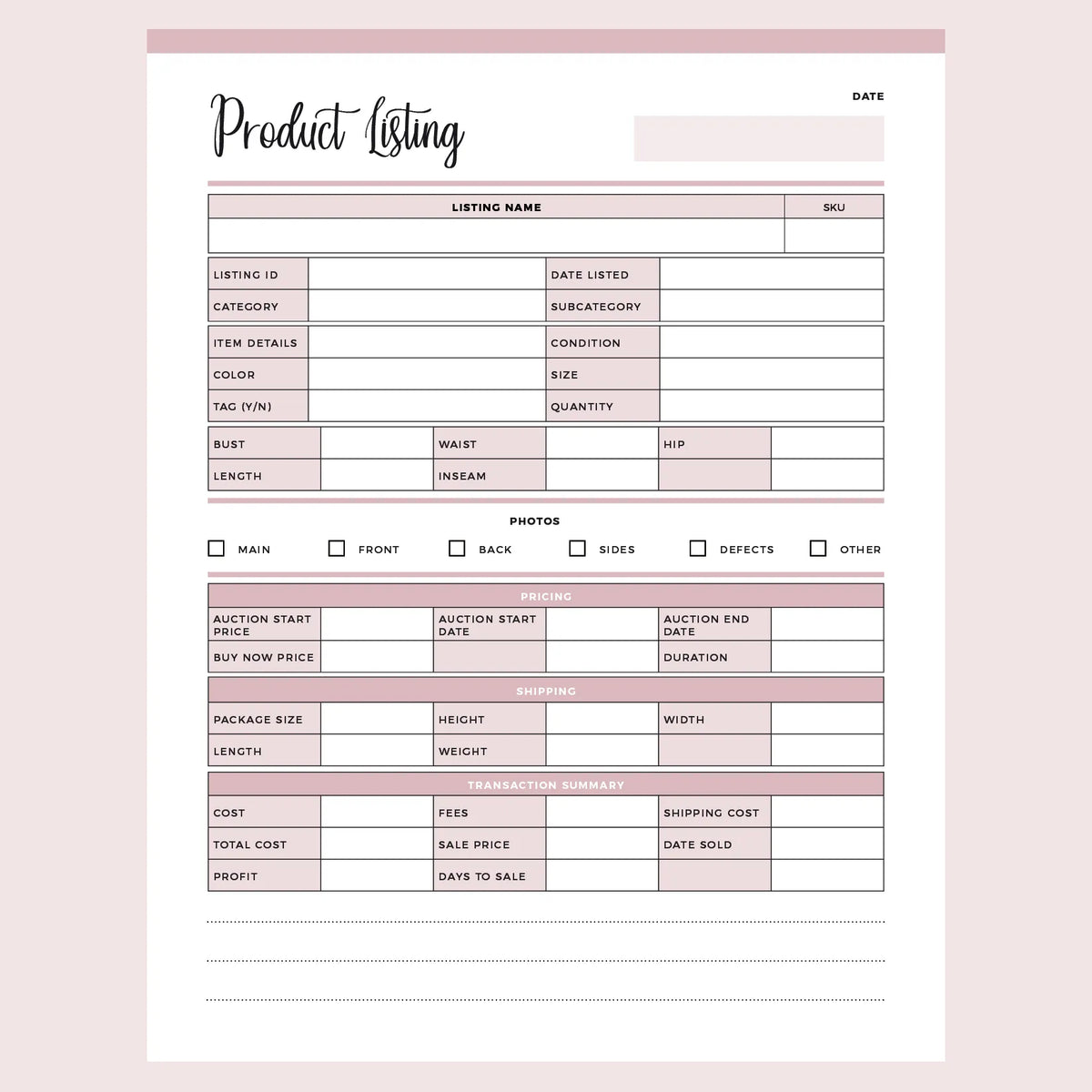 Printable Product Listing Template for Ebay Instant Download PDF