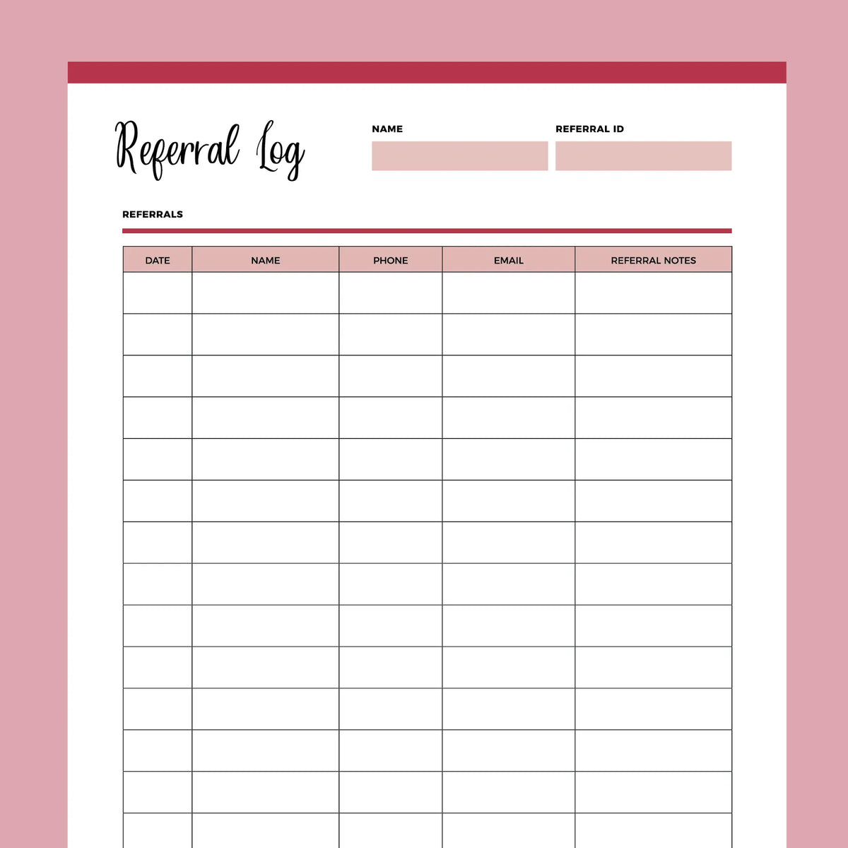 Printable Referral Log Instant download PDF A4 & US Letter Plan