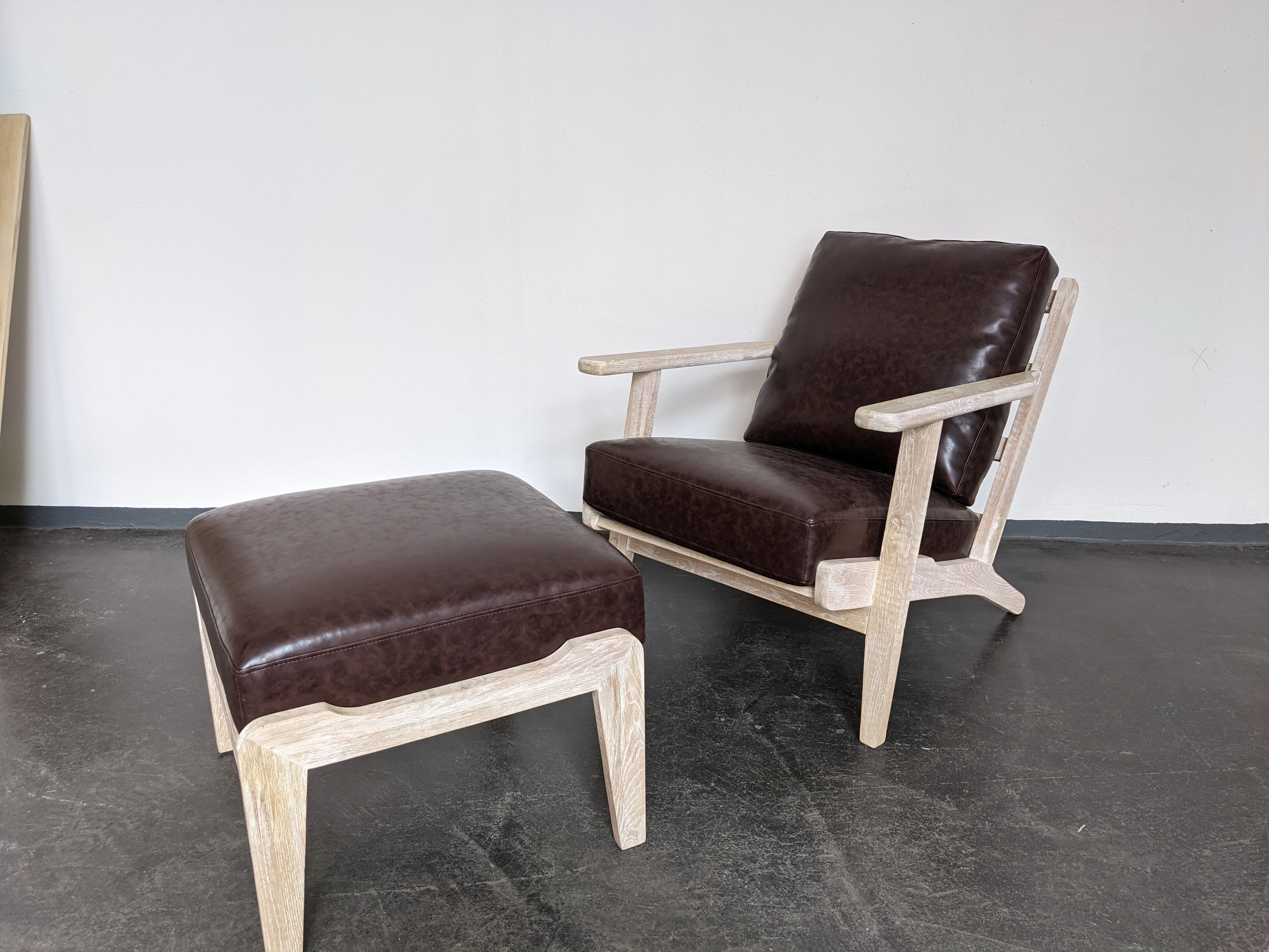 Easy Lounge Chair Weather Beaten with Footstool and leather cushions