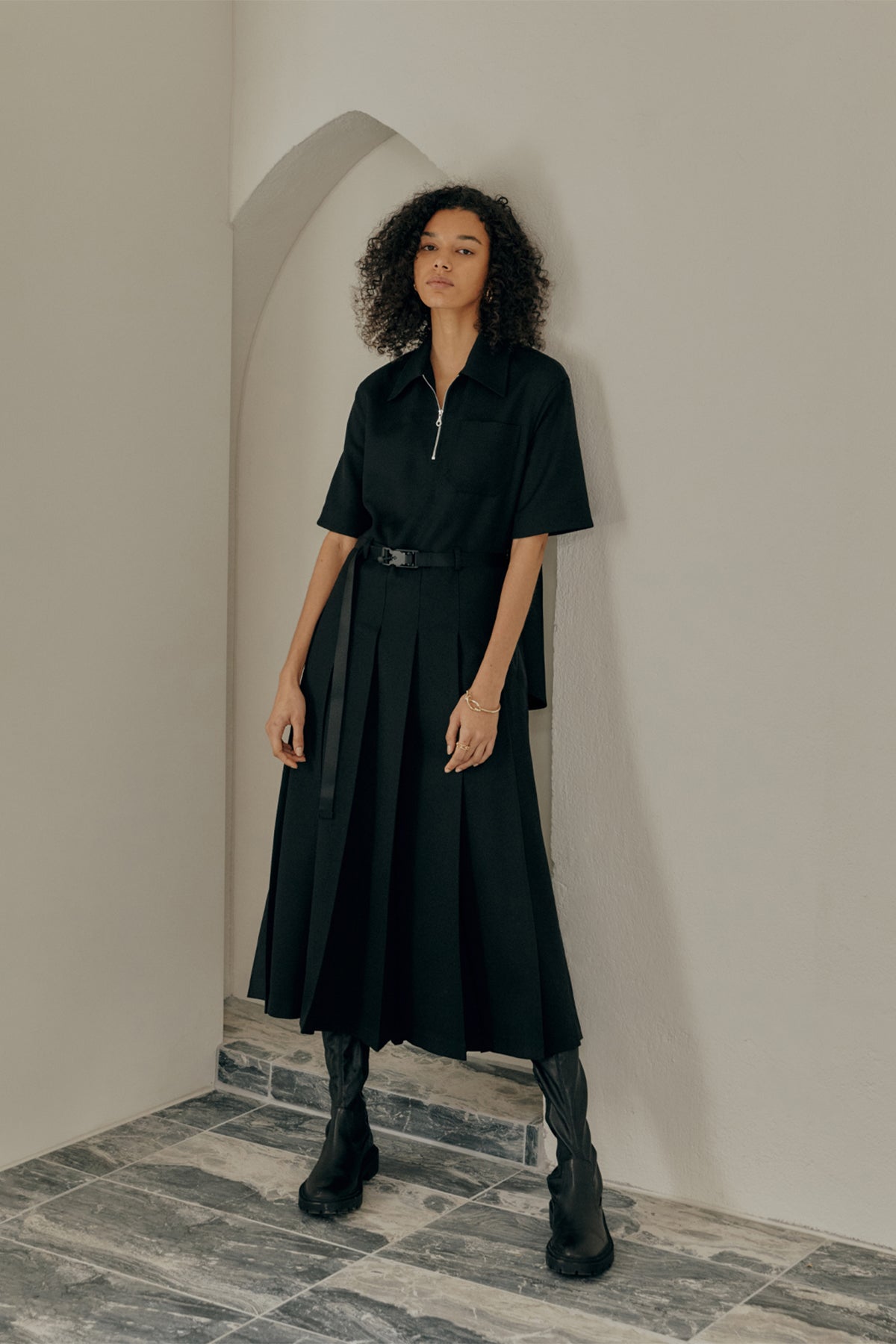 Double-layer pleated panelled shirt dress