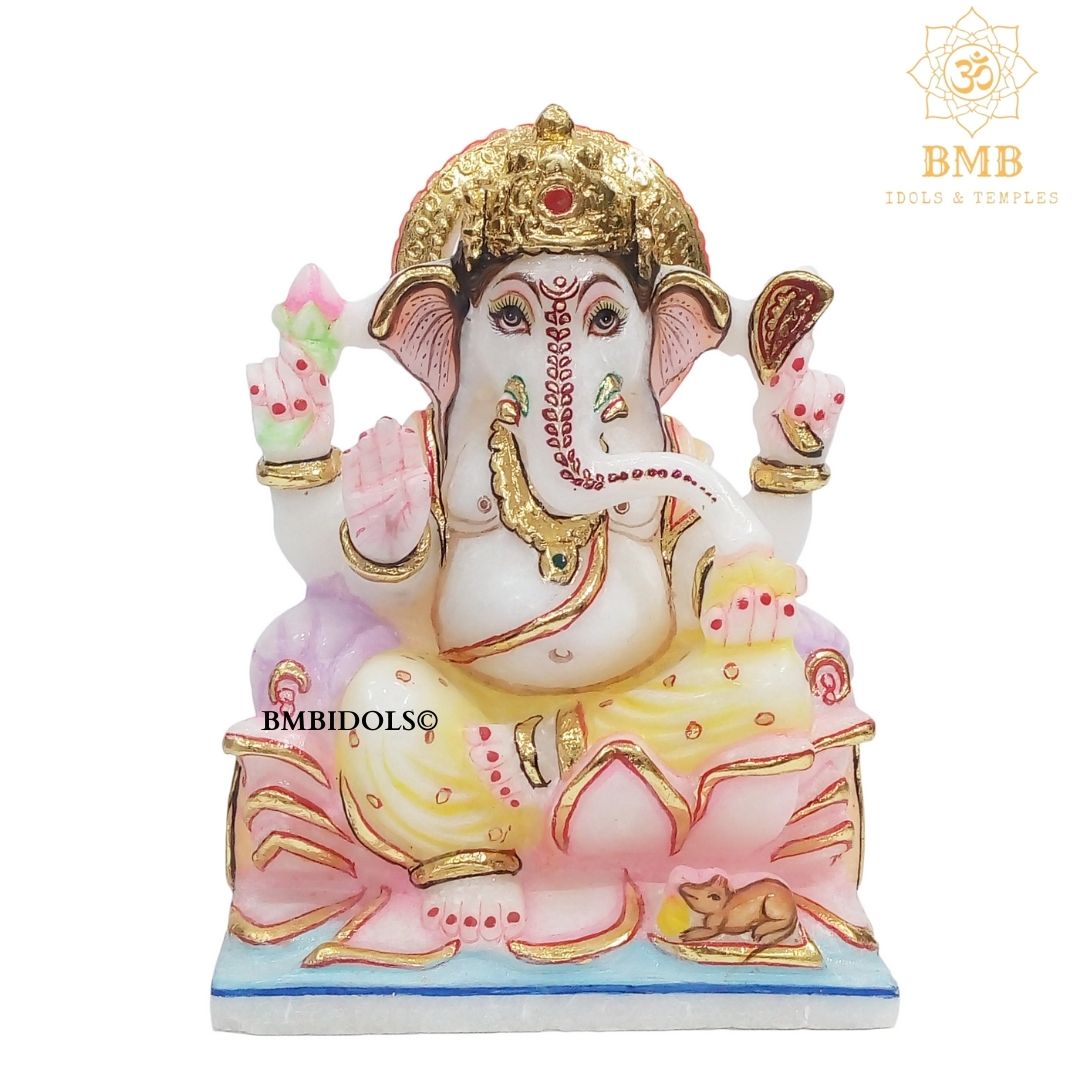 Marble Ganesha Statue sitting on the Lotus in Small size of 6 ...