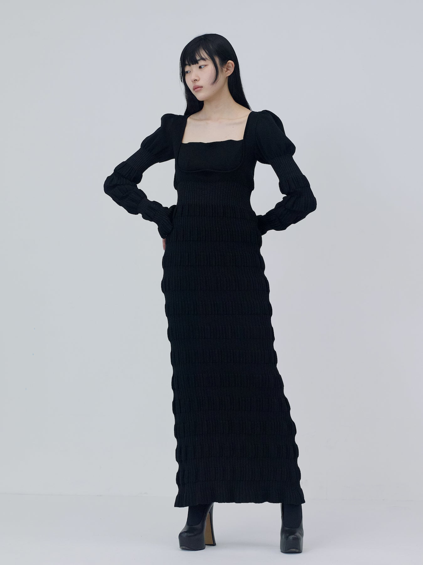 FETICO STRIPE RIB KNIT DRESS BLACK - ロングワンピース/マキシワンピース