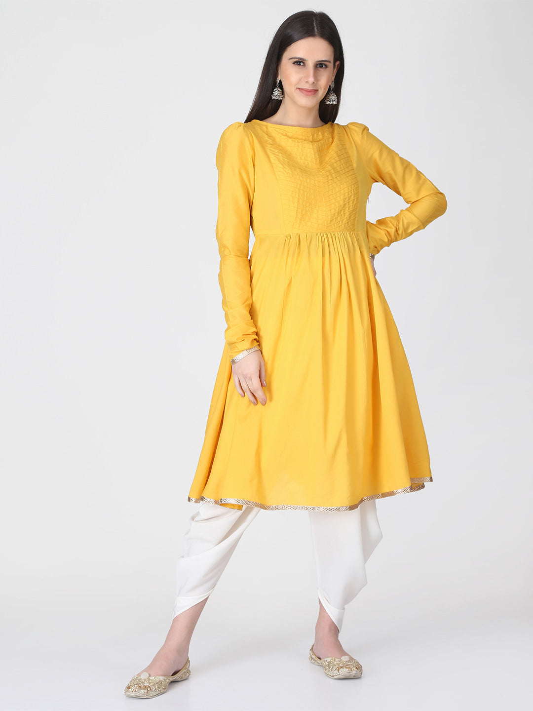 Abhishti Cotton Silk Flared Kurta With Churidar Sleeves And Gota ...