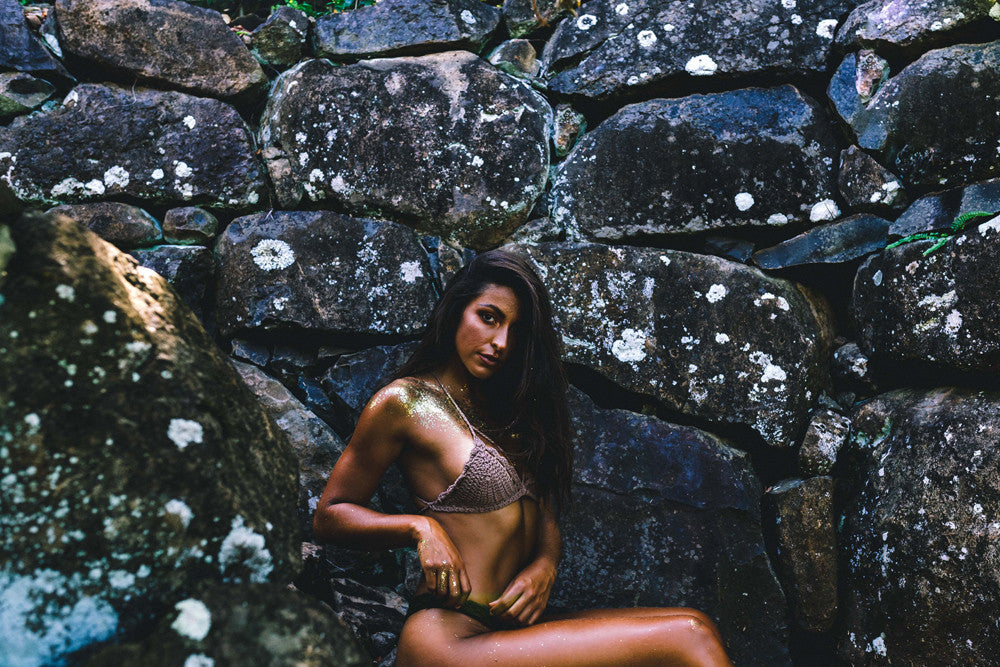 Bikini Beach shoot featuring GLO TATTS glow in the dark glitter and bindi